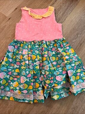 Matilda Jane Platinum Pink & Teal Fish Print Summer Top with Yellow Ruffle
